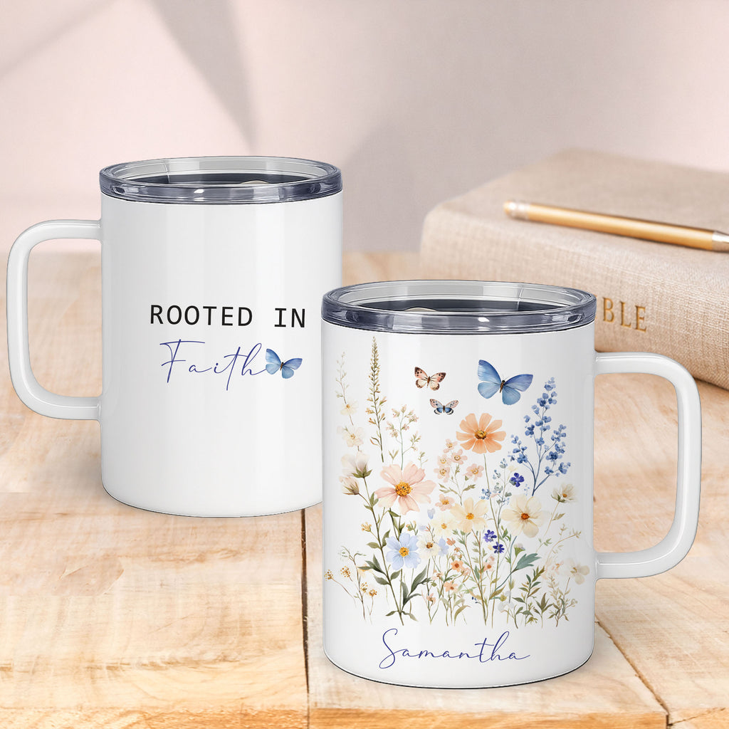 Rooted in Faith Floral Insulated Mug 12oz – Personalized Christian Coffee Mug