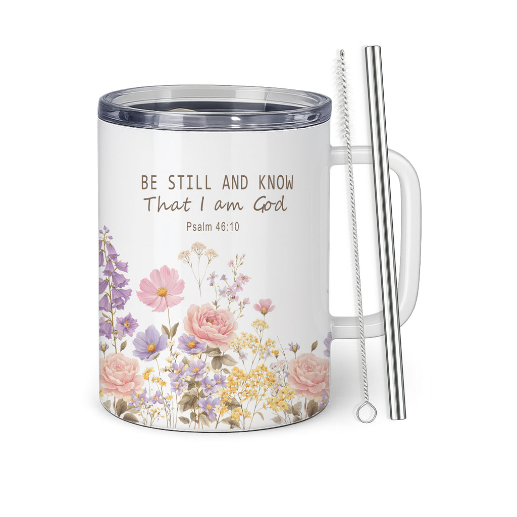 Custom Christian insulated coffee mug with floral design Psalm 46 10 personalized stainless steel 12oz