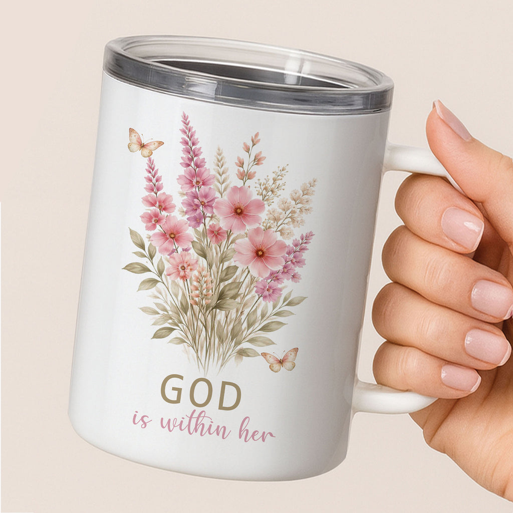 Minimalist 12oz Christian insulated travel mug featuring a soft floral design and the uplifting scripture phrase "God is within her" on a clean background.