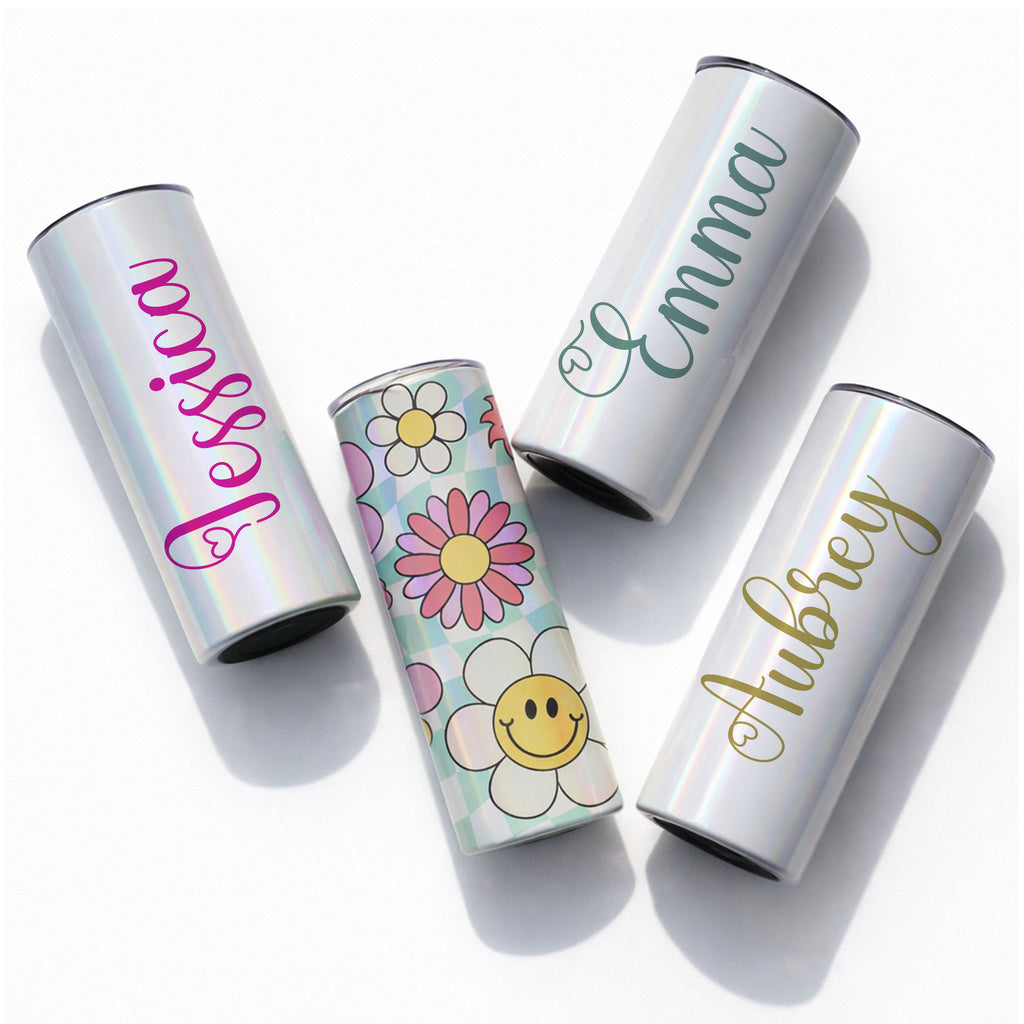 20oz personalized glitter skinny tumblers with custom names and colorful designs