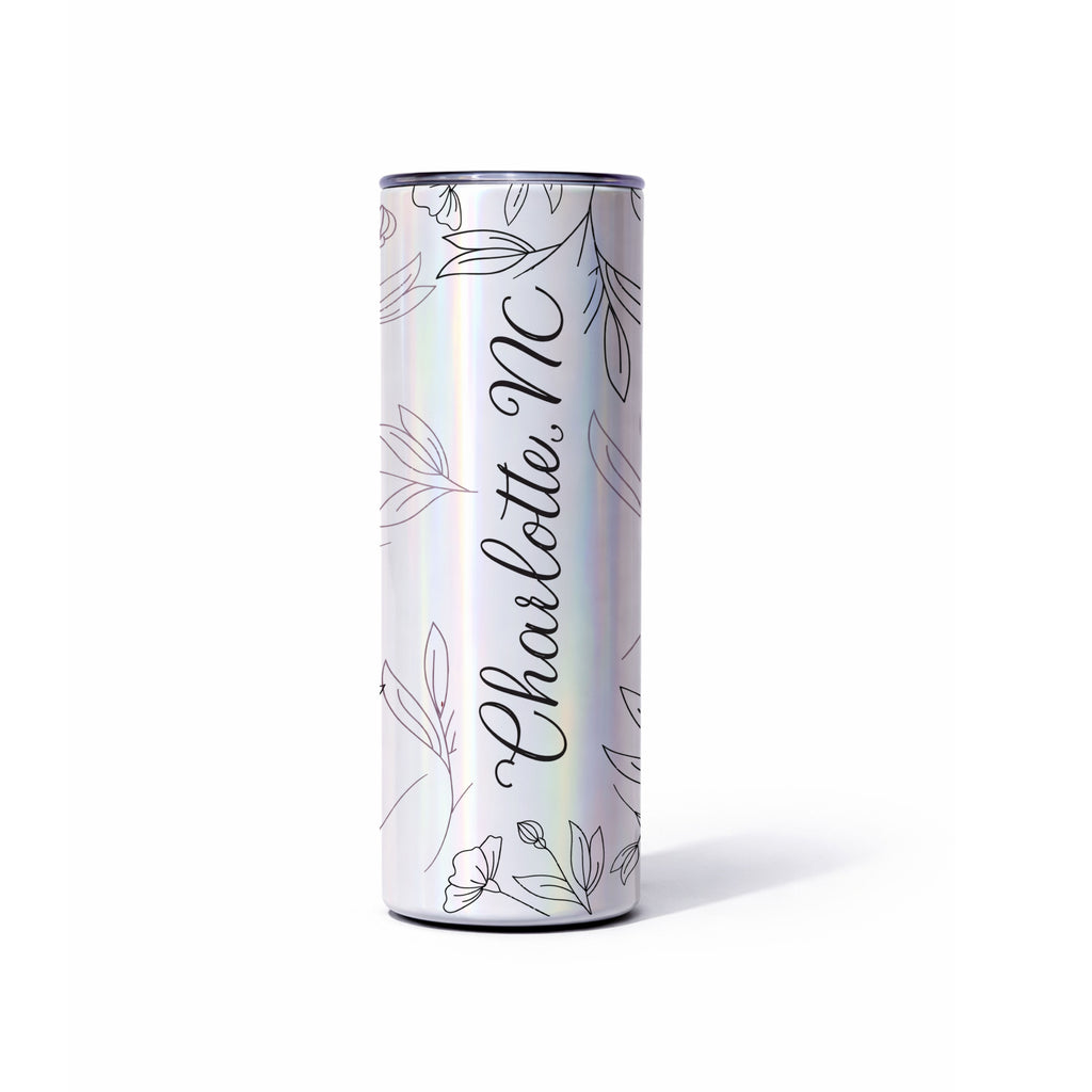 20oz iridescent glitter skinny tumbler personalized with custom name design