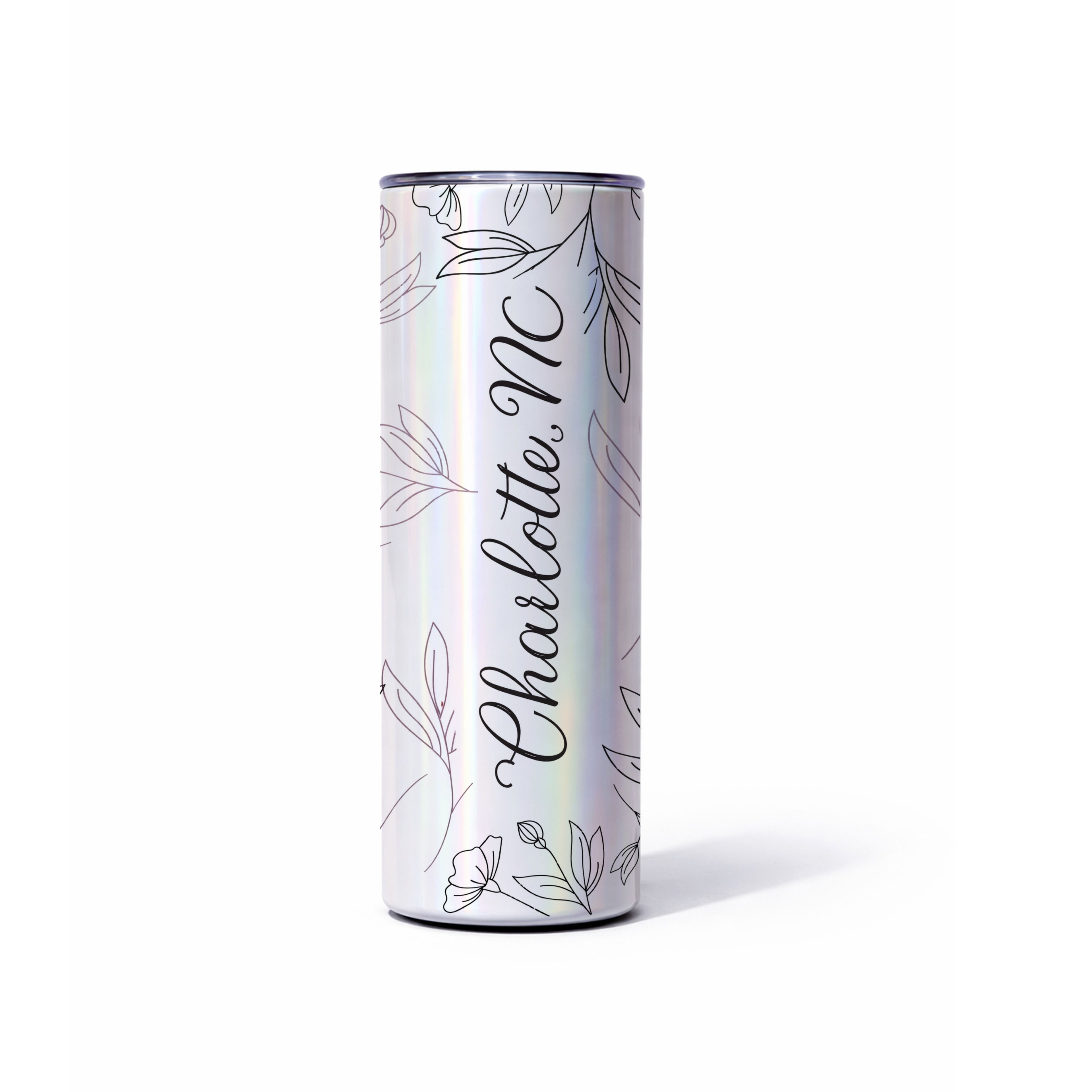 20oz iridescent glitter skinny tumbler personalized with custom name design