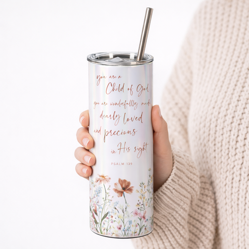 20oz iridescent skinny tumbler personalized with floral Christian verse design