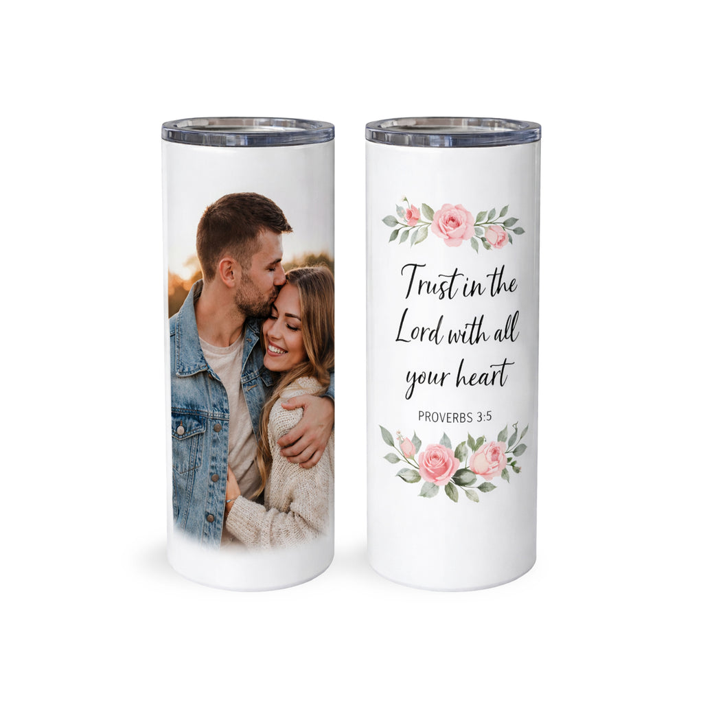 20oz personalized skinny tumbler with custom photo and Bible verse design, double wall insulated stainless steel travel cup by ARSA Print