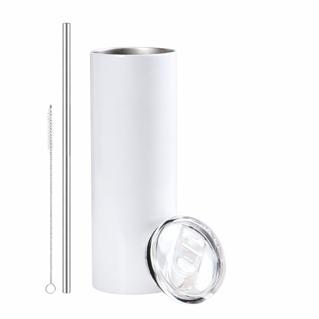 20oz skinny tumbler blank white stainless steel with clear lid, reusable straw and cleaning brush included