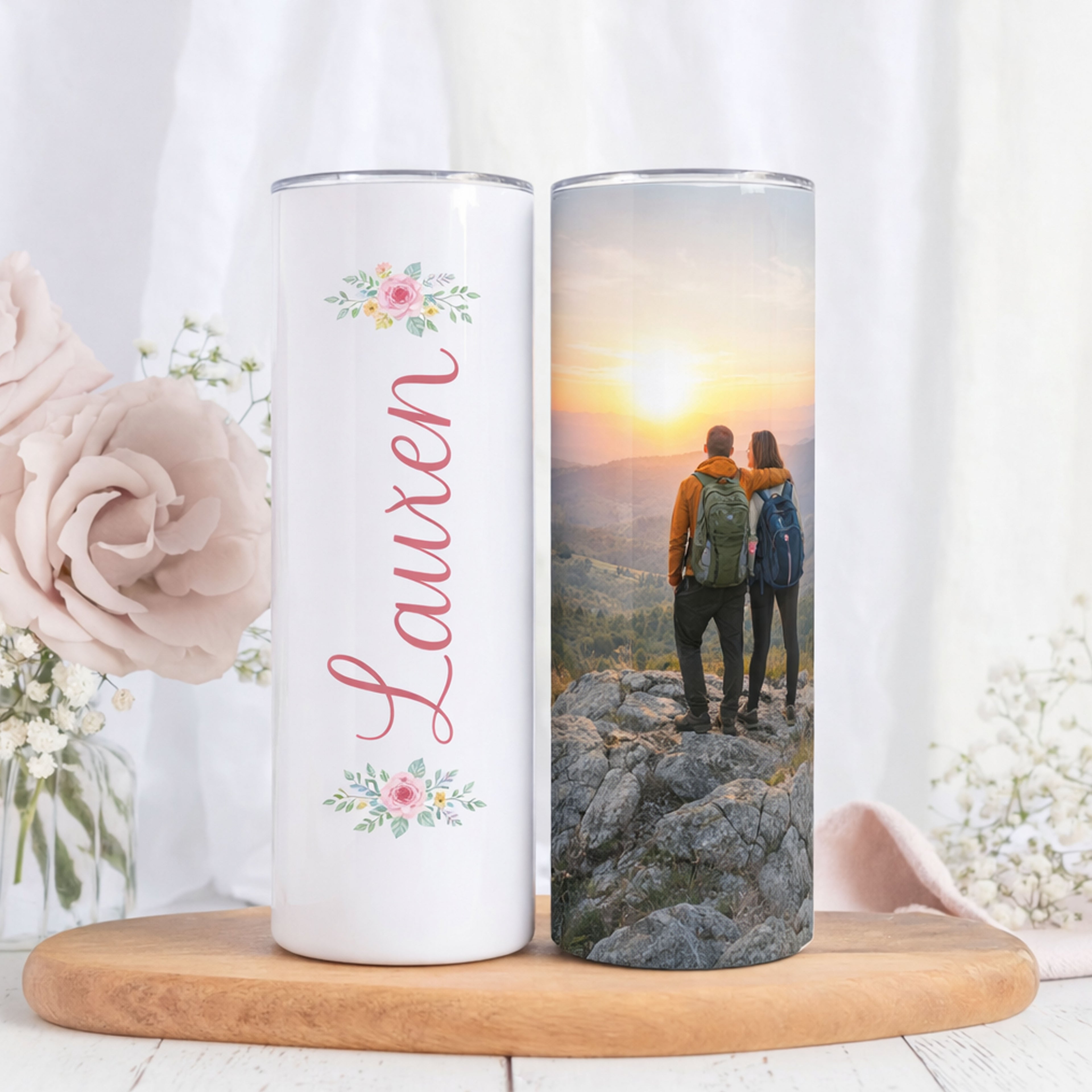 20oz personalized skinny tumbler with custom photo and name design displayed on wooden table