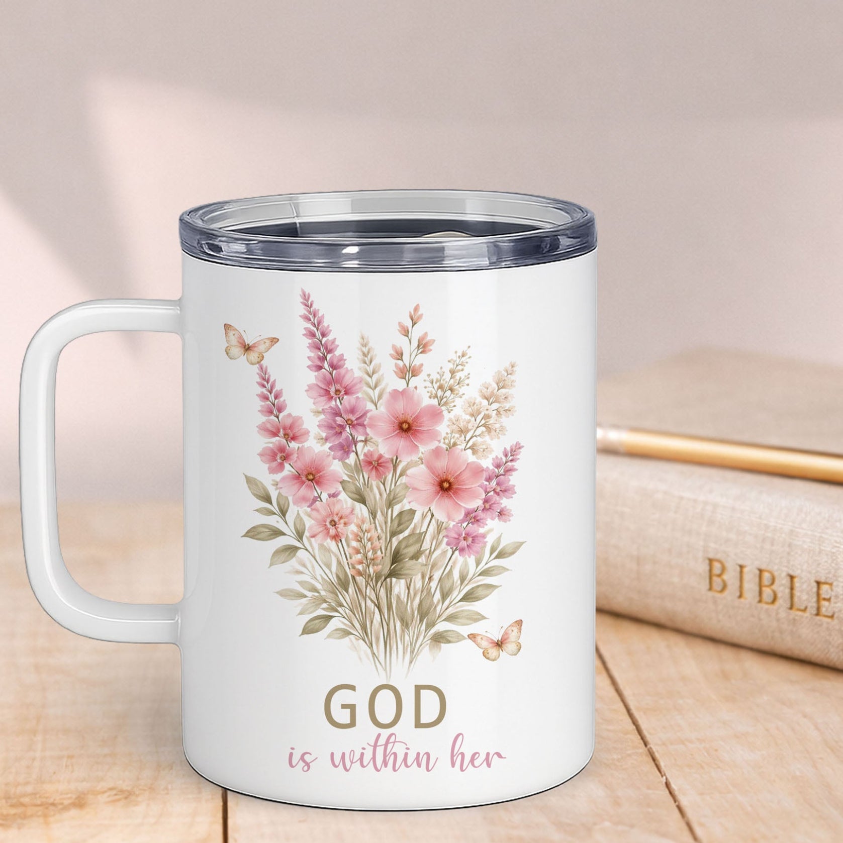 Close-up macro shot detailing the high-quality print of the botanical floral bouquet and the crisp, preset typography of the religious message.