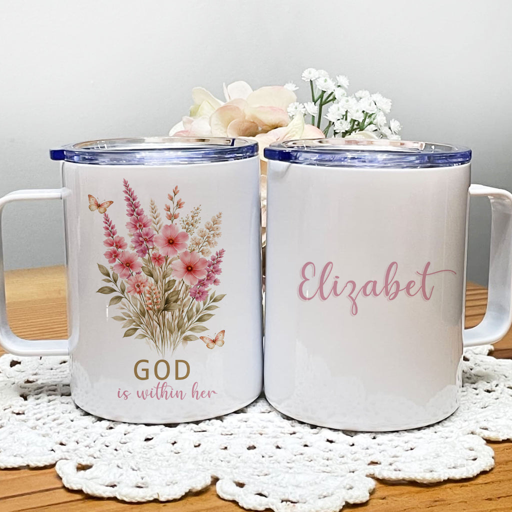 Minimalist 12oz Christian insulated travel mug featuring a soft floral design and the uplifting scripture phrase "God is within her" on a clean background.