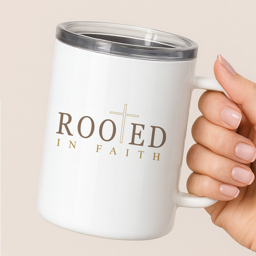 Rooted in Faith Insulated Mug – Personalized Christian Coffee Mug.