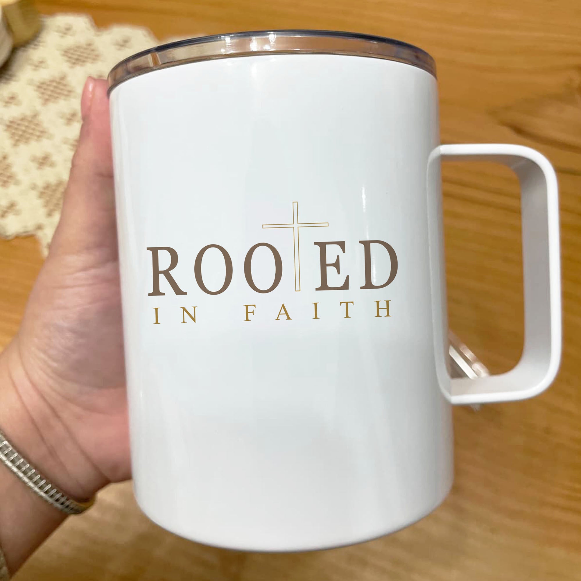 Rooted in Faith Insulated Mug – Personalized Christian Coffee Mug.