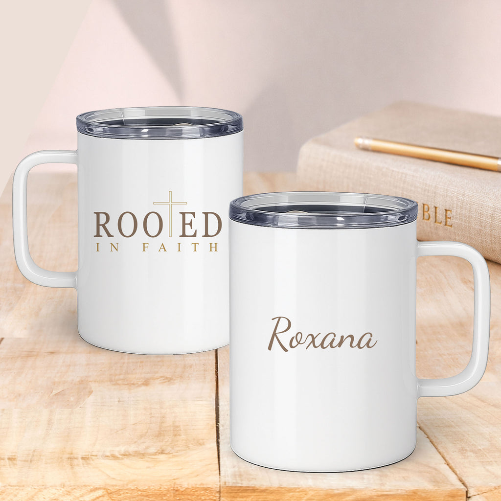 Rooted in Faith Insulated Mug – Personalized Christian Coffee Mug.