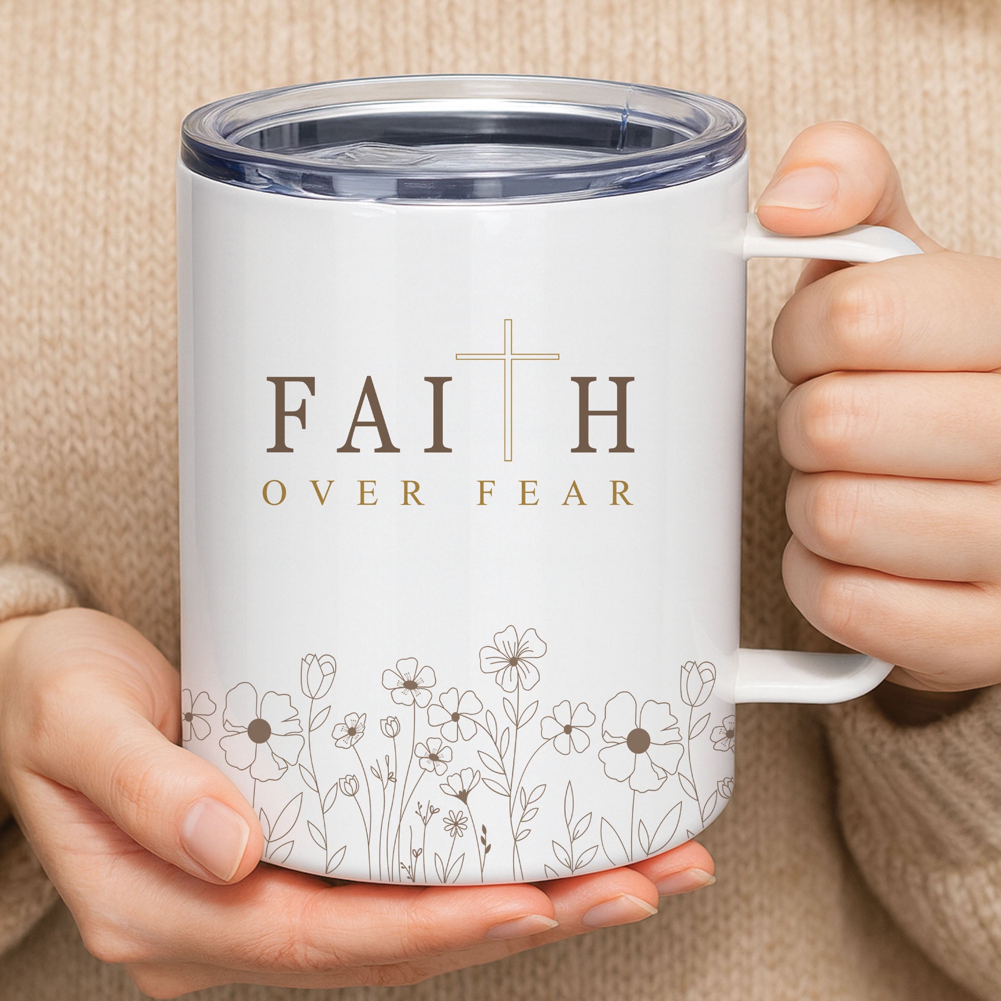 Personalized Faith Over Fear Floral Insulated Mug for Women 12 oz