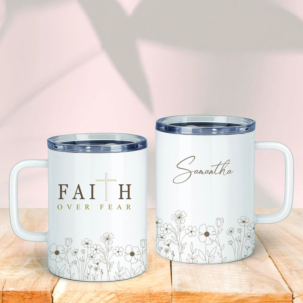Personalized Faith Over Fear Floral Insulated Mug for Women 12 oz