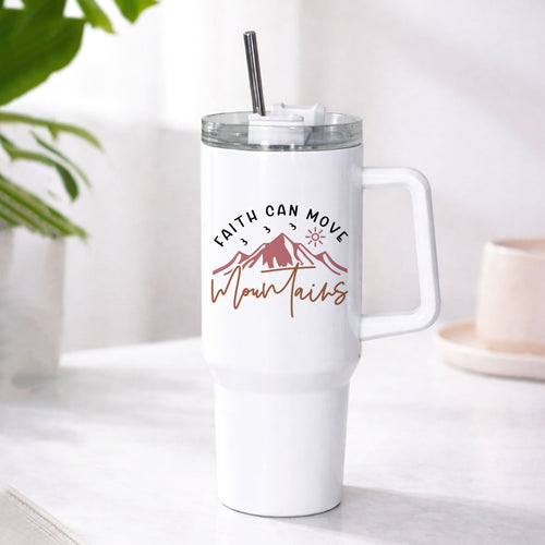 40oz white insulated stainless steel tumbler with handle and clear lid