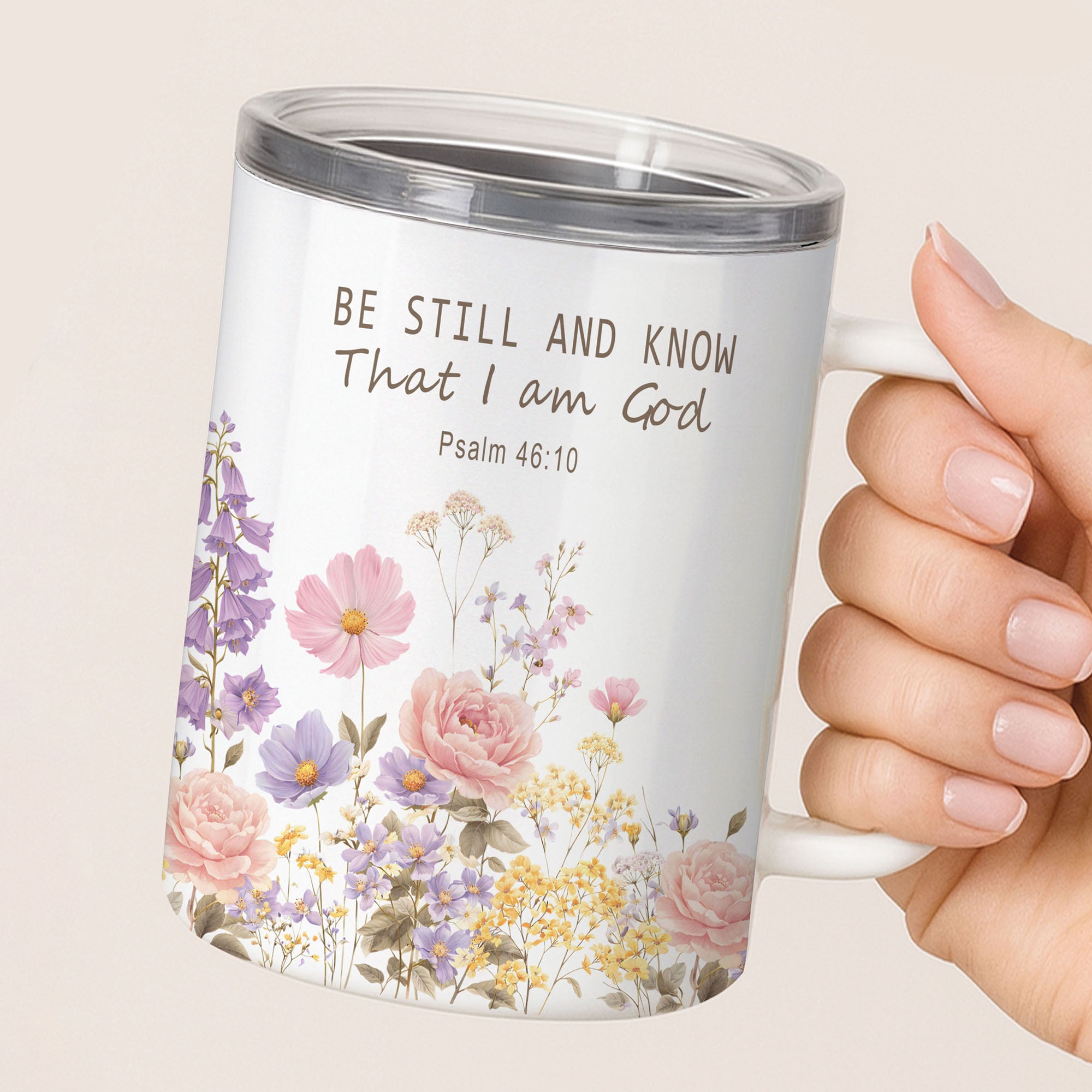 Be Still and Know Psalm 46:10 Mug, 12oz Insulated Floral Christian Gift