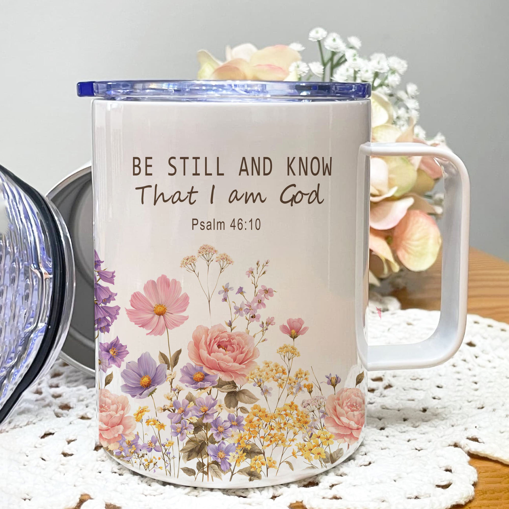 Be Still and Know Psalm 46:10 Mug, 12oz Insulated Floral Christian Gift