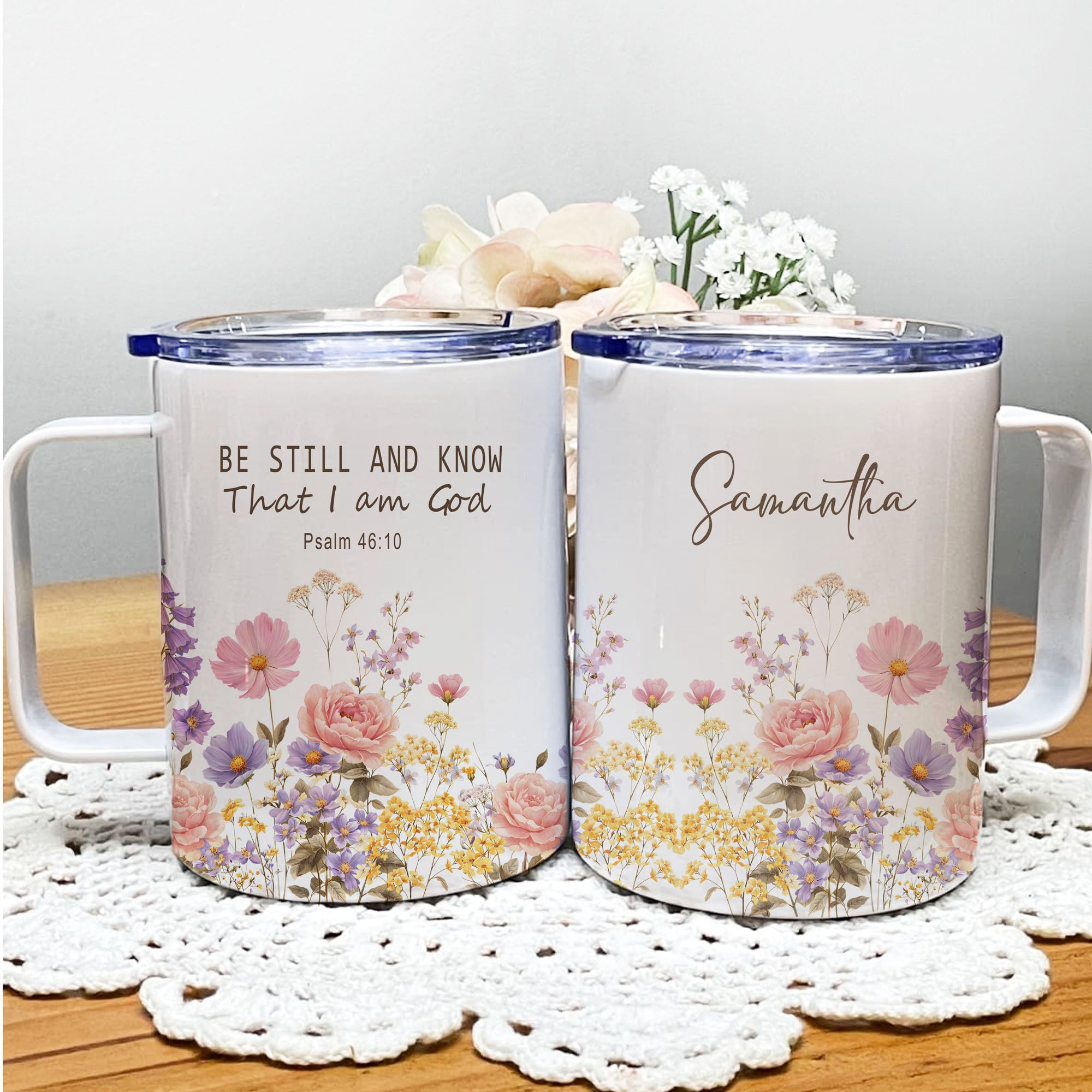 Be Still and Know Psalm 46:10 Mug, 12oz Insulated Floral Christian Gift