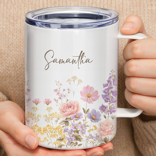 Personalized back view of the stainless steel 12oz faith mug showing a custom name printed in an elegant gold-style script font.
