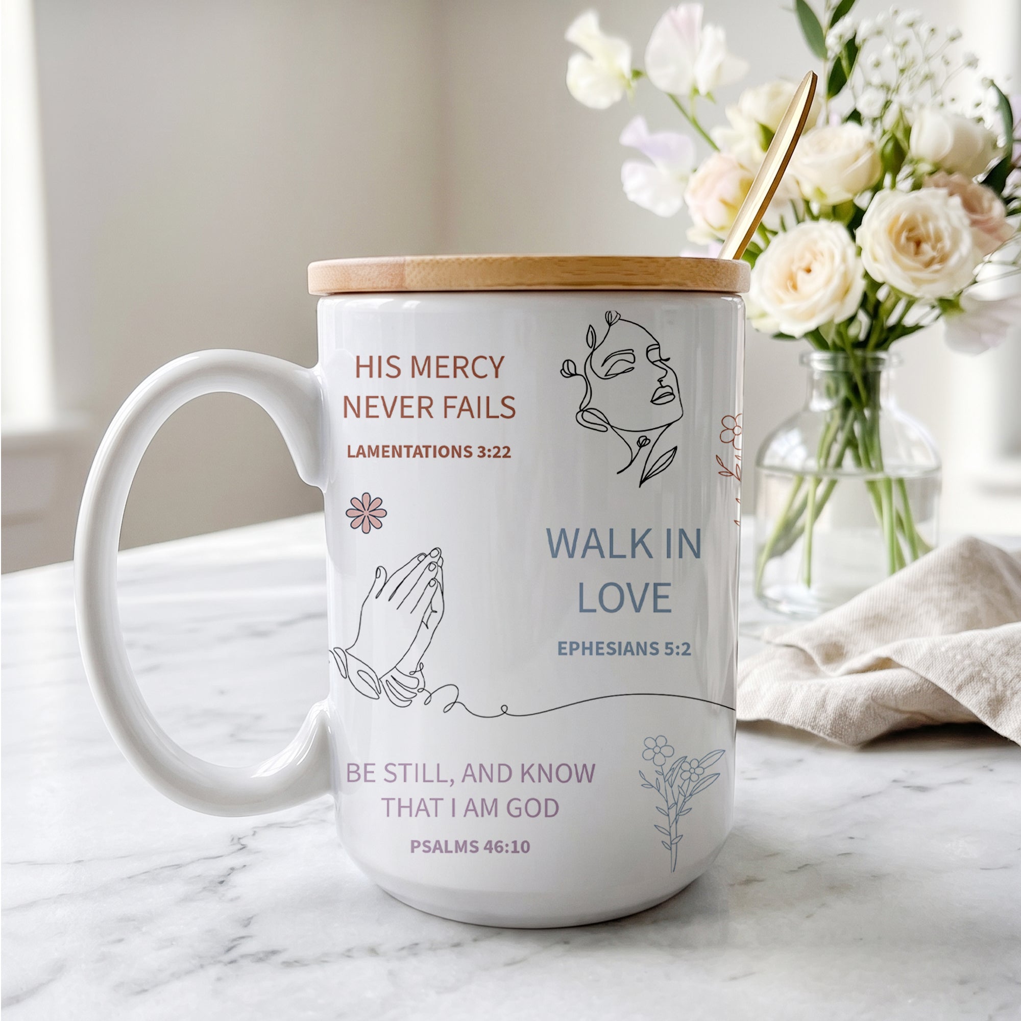 Inspirational Bible Verse Mug Set with Bamboo Lid & Flower Spoon