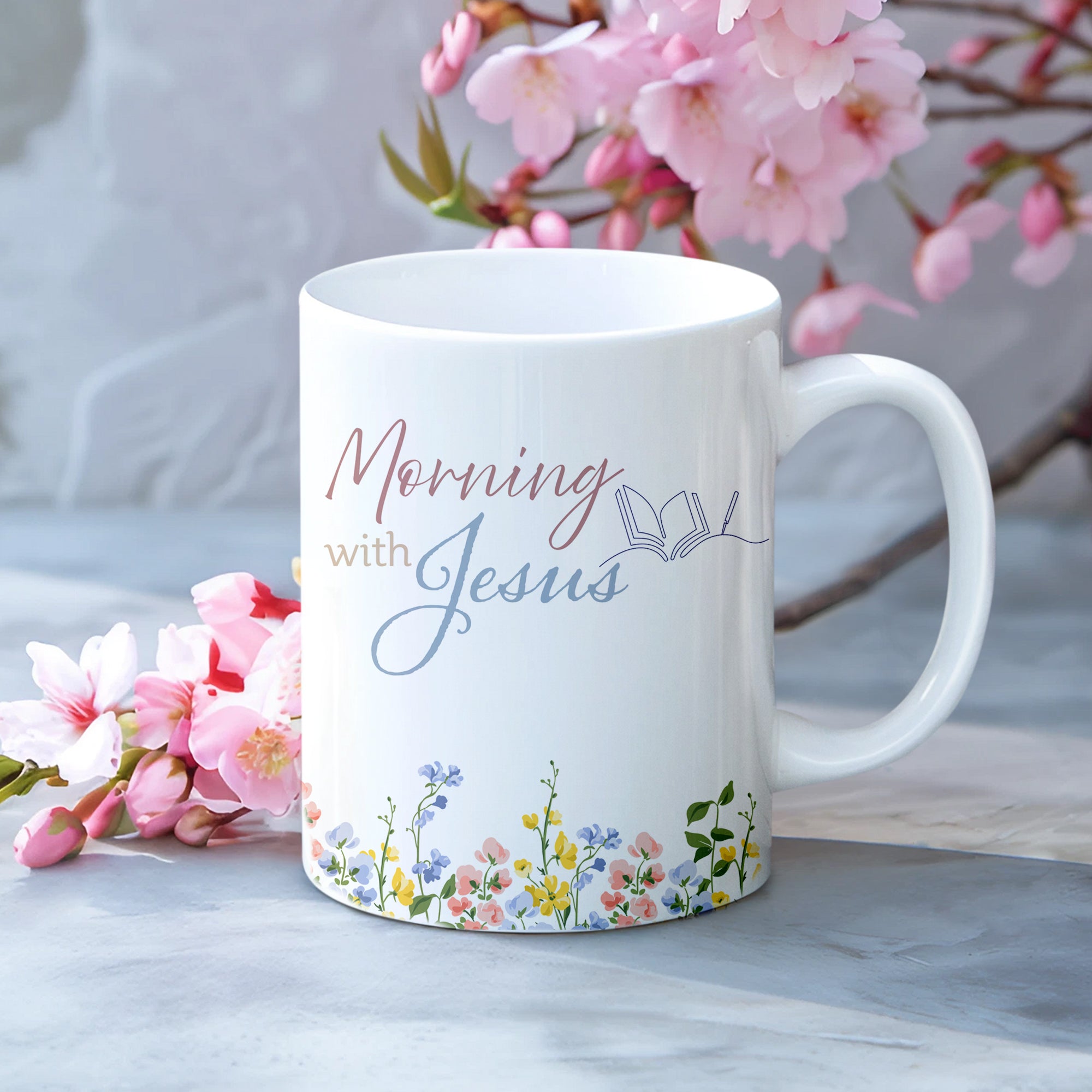 Personalized Christian coffee mug for women featuring a minimalist wildflower design and the text "Mornings with Jesus", shown as an elegant 15oz mug set with a bamboo lid and gold spoon on a clean background.