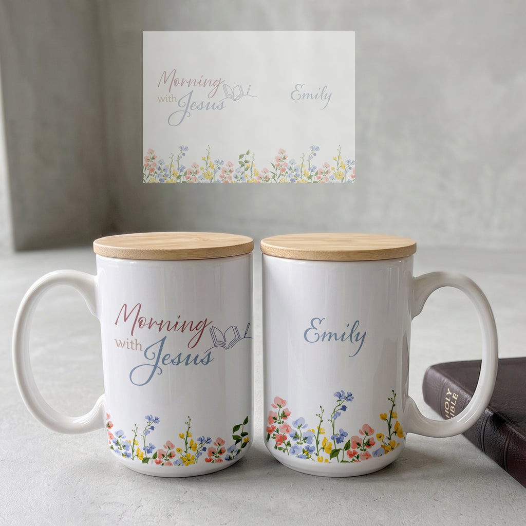 Personalized Christian coffee mug for women featuring a minimalist wildflower design and the text "Mornings with Jesus", shown as an elegant 15oz mug set with a bamboo lid and gold spoon on a clean background.