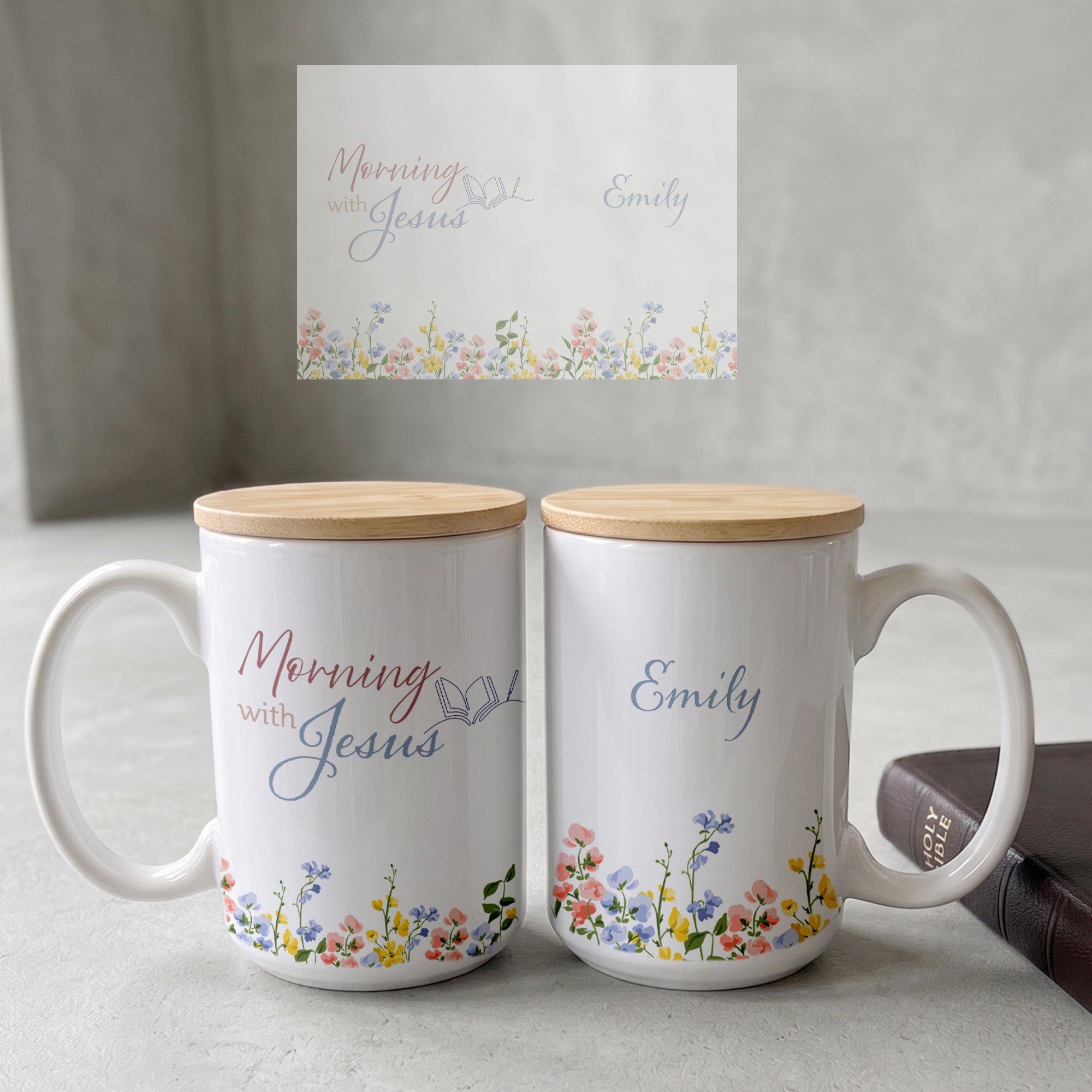 Personalized Christian coffee mug for women featuring a minimalist wildflower design and the text "Mornings with Jesus", shown as an elegant 15oz mug set with a bamboo lid and gold spoon on a clean background.