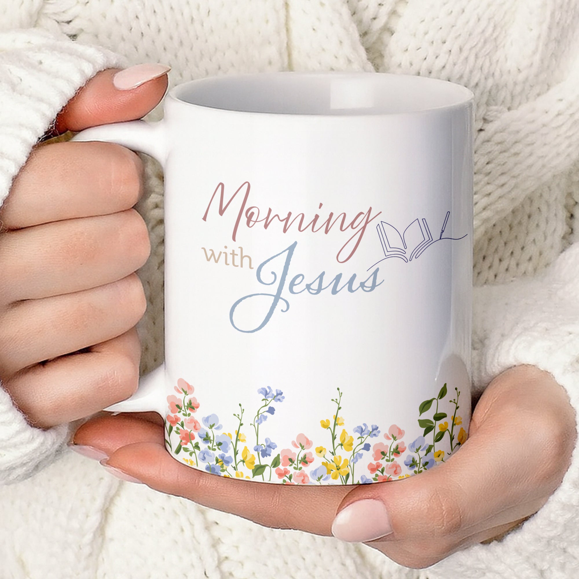 Personalized Christian coffee mug for women featuring a minimalist wildflower design and the text "Mornings with Jesus", shown as an elegant 15oz mug set with a bamboo lid and gold spoon on a clean background.