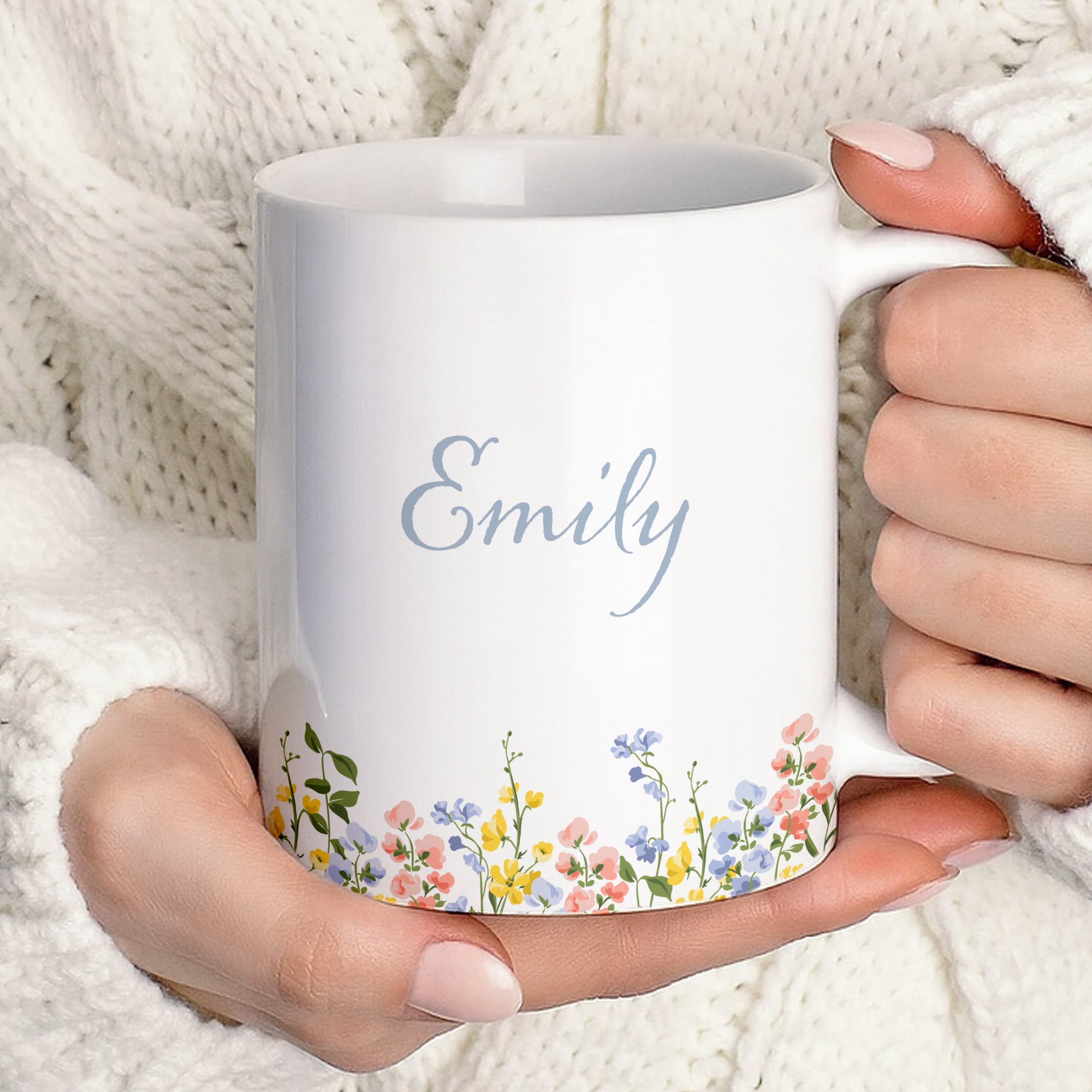 Personalized Christian coffee mug for women featuring a minimalist wildflower design and the text "Mornings with Jesus", shown as an elegant 15oz mug set with a bamboo lid and gold spoon on a clean background.