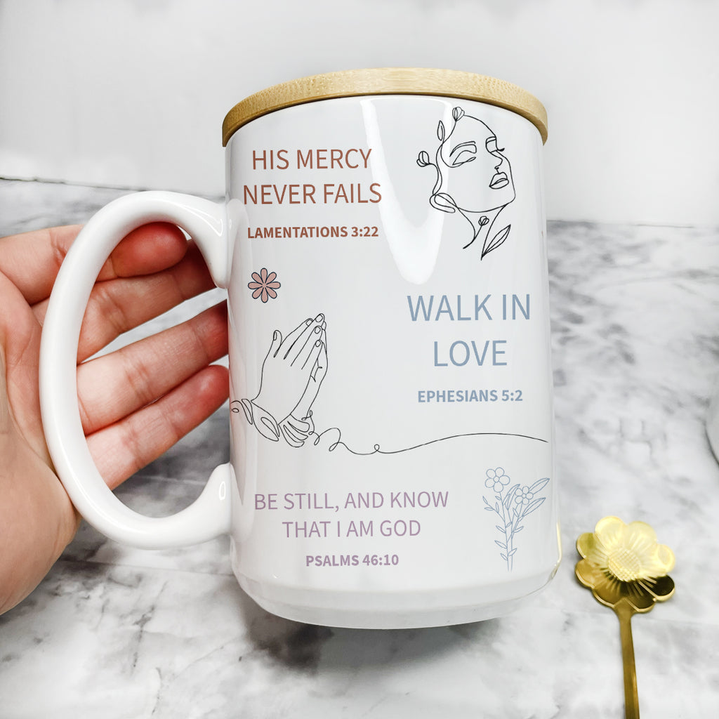 Inspirational Bible Verse Mug Set with Bamboo Lid & Flower Spoon