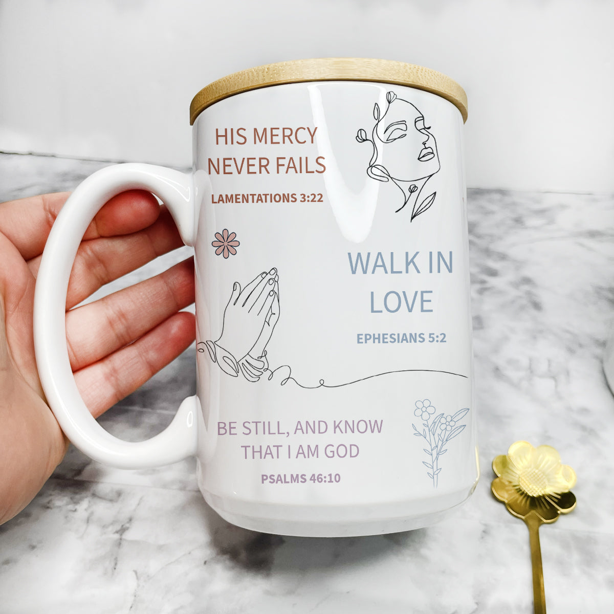 Inspirational Bible Verse Mug Set with Bamboo Lid & Flower Spoon