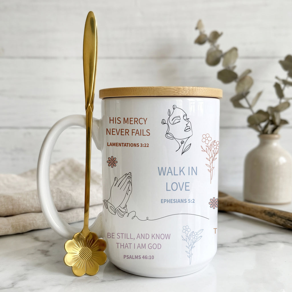 Inspirational Bible Verse Mug Set with Bamboo Lid & Flower Spoon