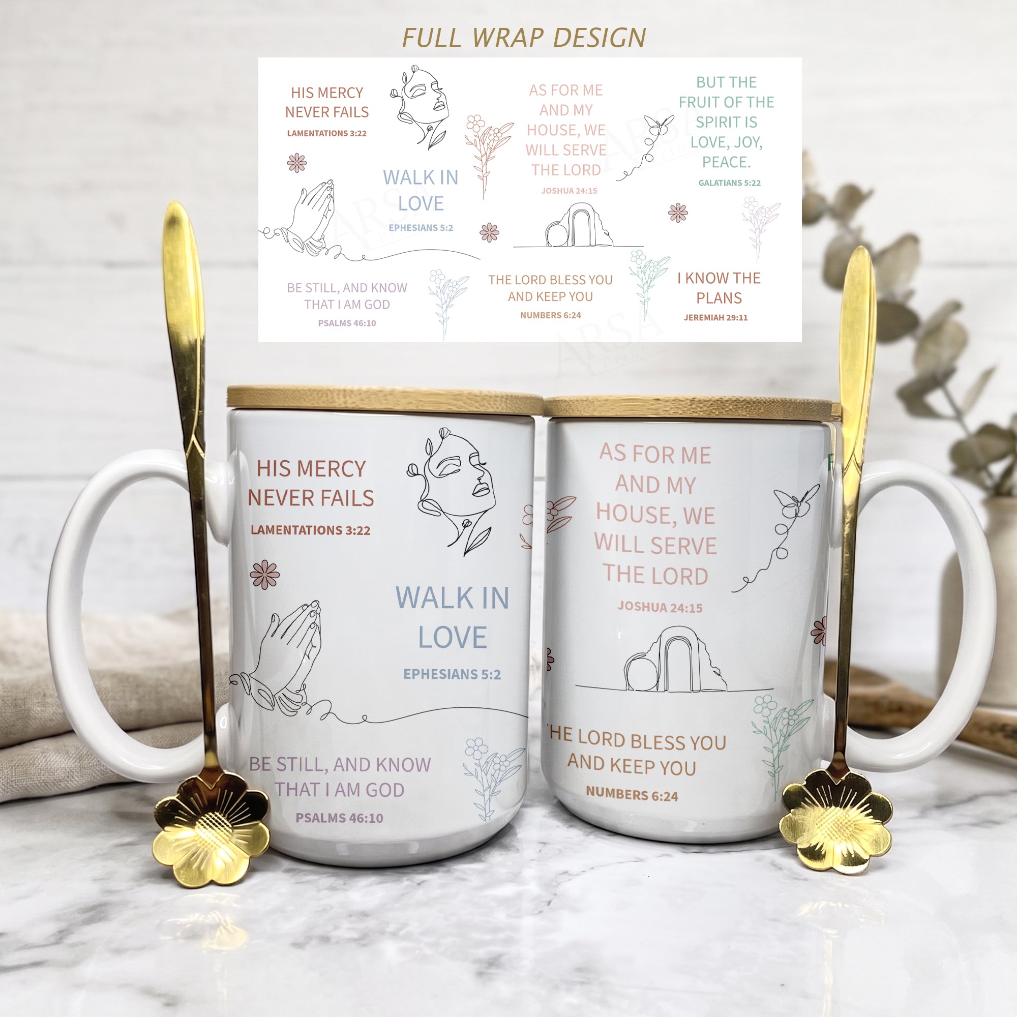 Inspirational Bible Verse Mug Set with Bamboo Lid & Flower Spoon