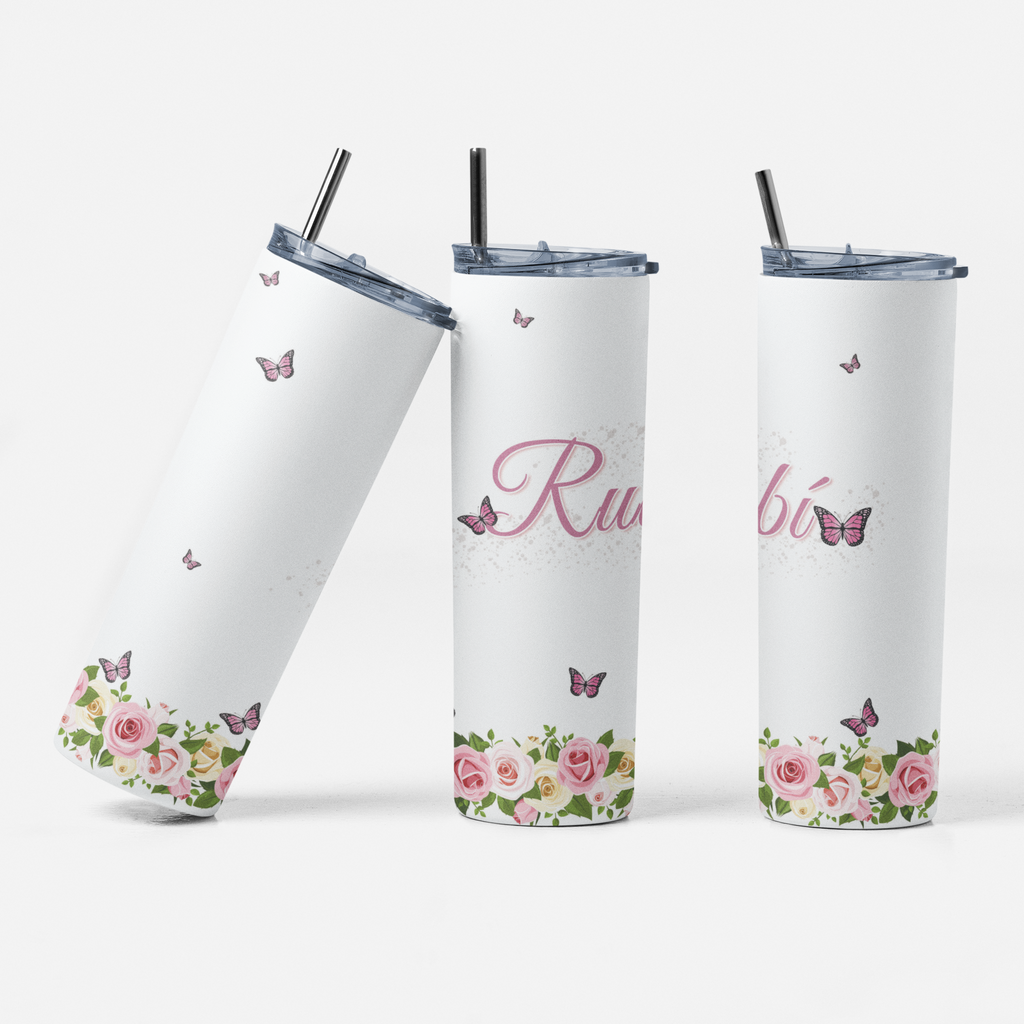 Custom name butterfly tumbler 20oz skinny tumbler floral personalized cup