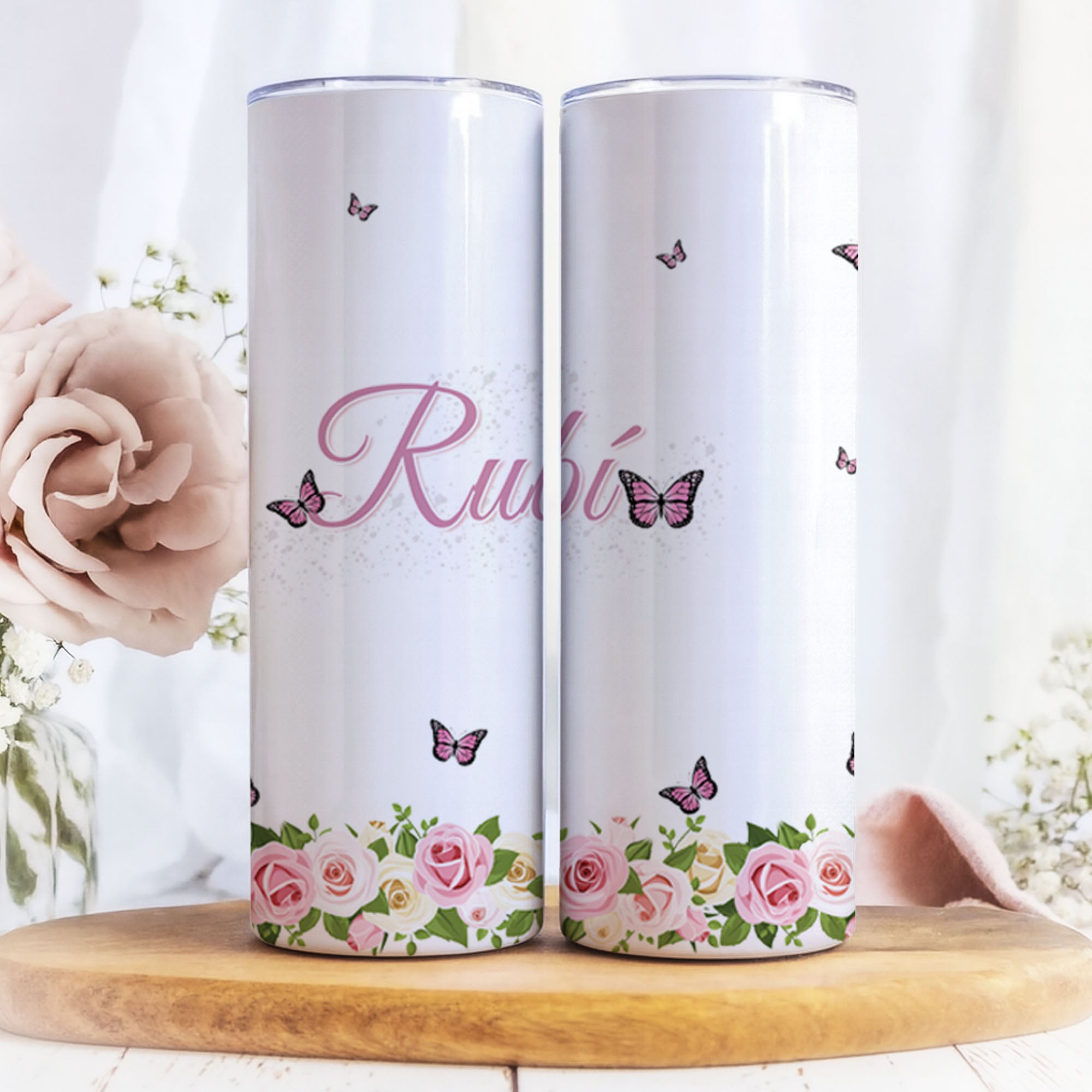 Floral butterfly personalized tumbler custom name 20oz skinny tumbler
