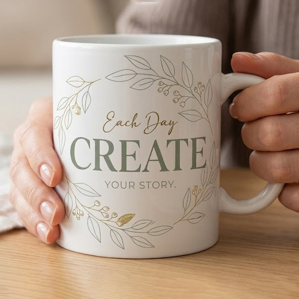 Minimalist Ceramic Mug - "Each Day Create Your Story" | Elegant Aesthetic Coffee Cup