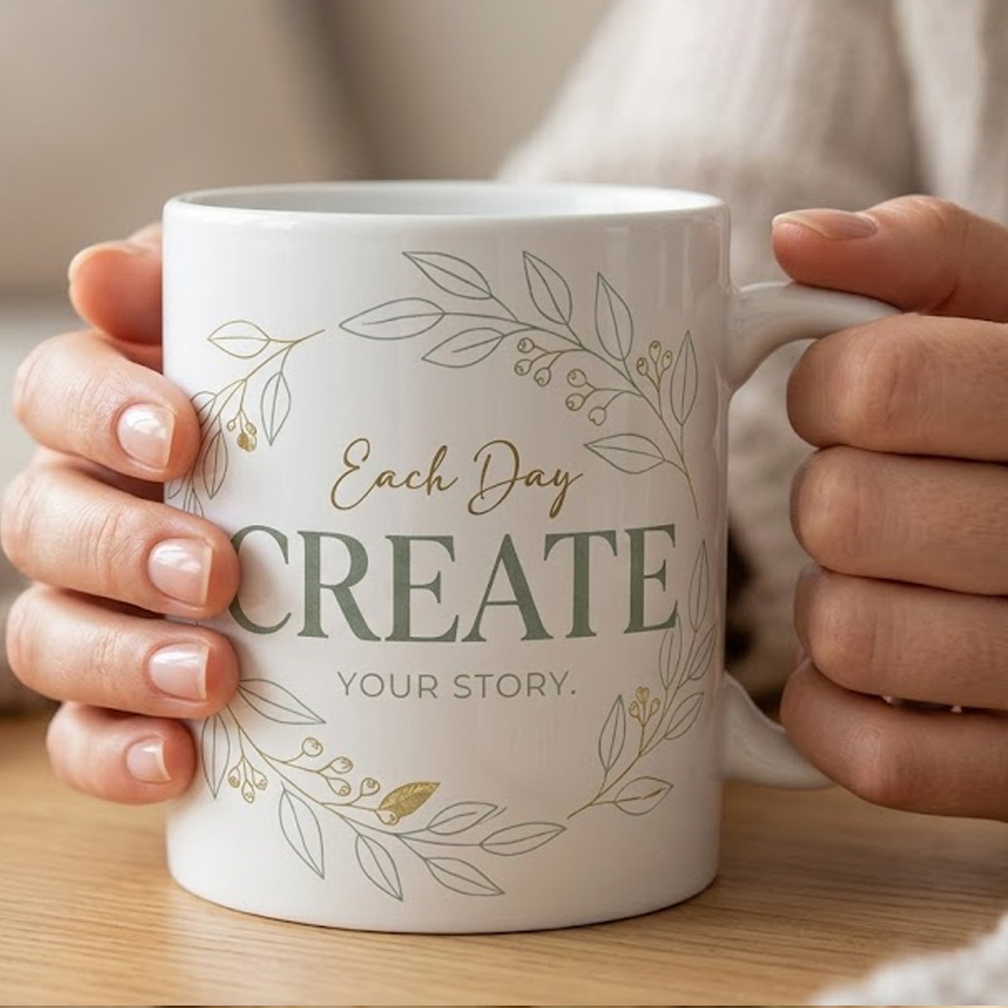 Minimalist Ceramic Mug - "Each Day Create Your Story" | Elegant Aesthetic Coffee Cup
