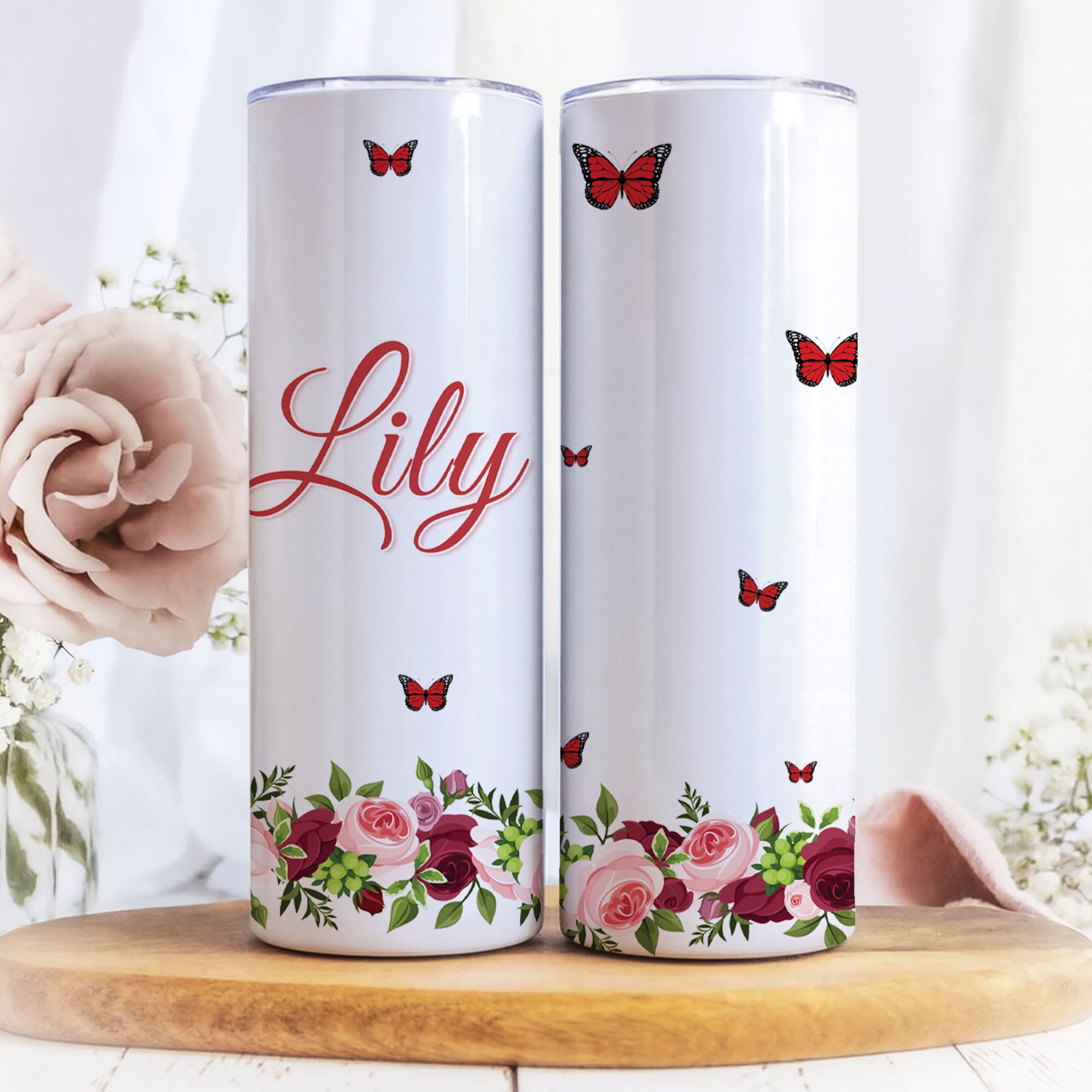 Red Butterfly Name Tumbler – Personalized 20oz Cup