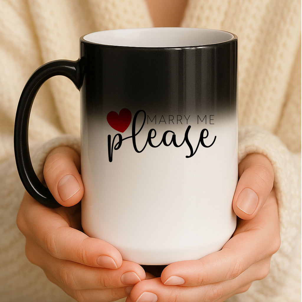 Personalized magic ceramic mug with custom, text surprise, photo, heat reveal coffee mug in 11 oz and 15 oz sizes- marry me please quote example 
