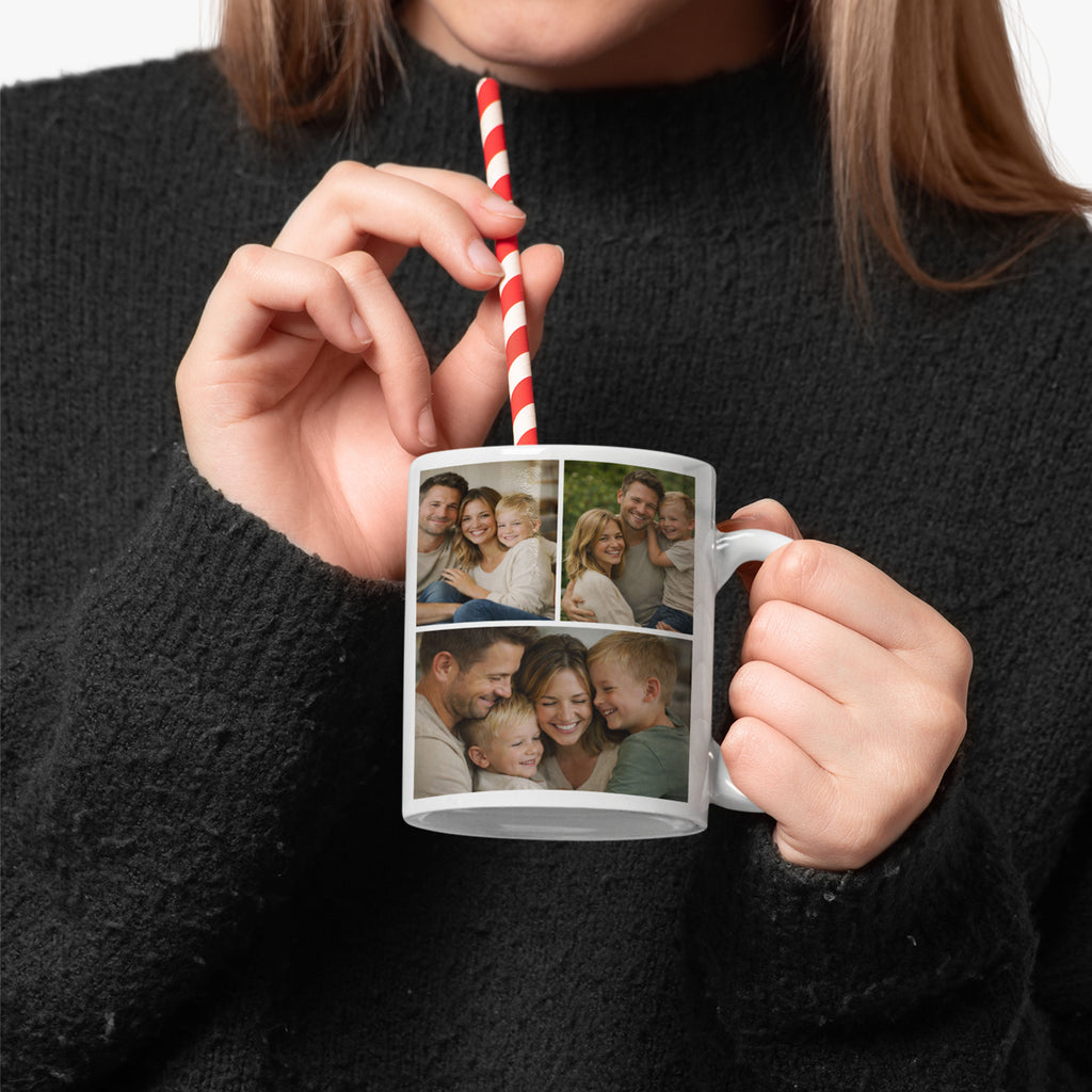 Example design of a personalized white ceramic photo mug featuring a family photo collage, shown as inspiration only, held by a person while drinking a hot beverage.