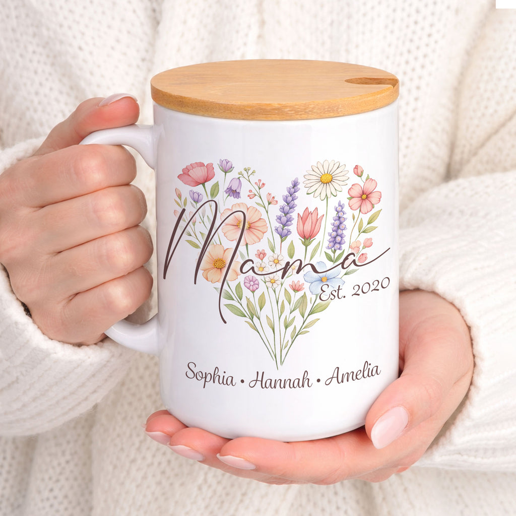 Personalized Mama Mug – Mother's Day Gift mug 15 oz bamboo lid and gold tone spoon