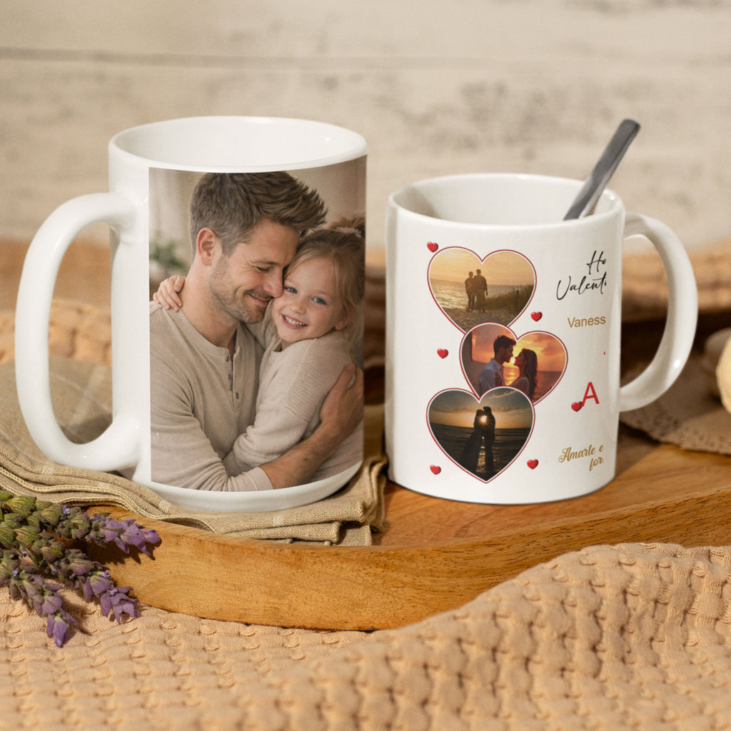 White personalized photo mugs showing a size comparison, with an 11 oz mug featuring a couple design and a 15 oz mug featuring a father and daughter design as example designs