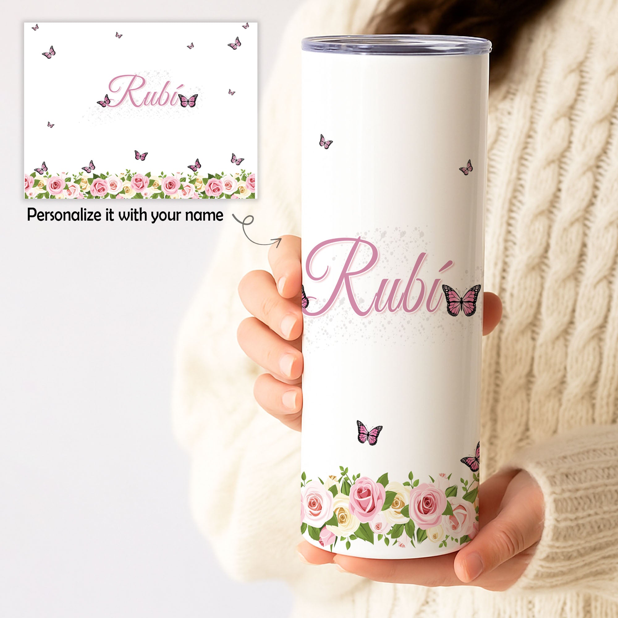 Personalized butterfly floral tumbler with custom name 20oz skinny tumbler