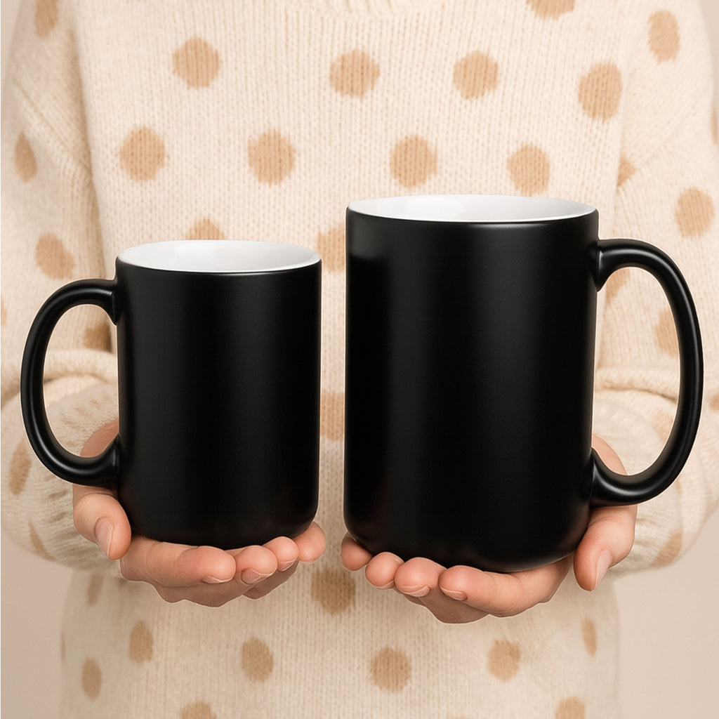Custom magic ceramic mugs showing 11 oz and 15 oz size comparison, black heat reveal mugs
