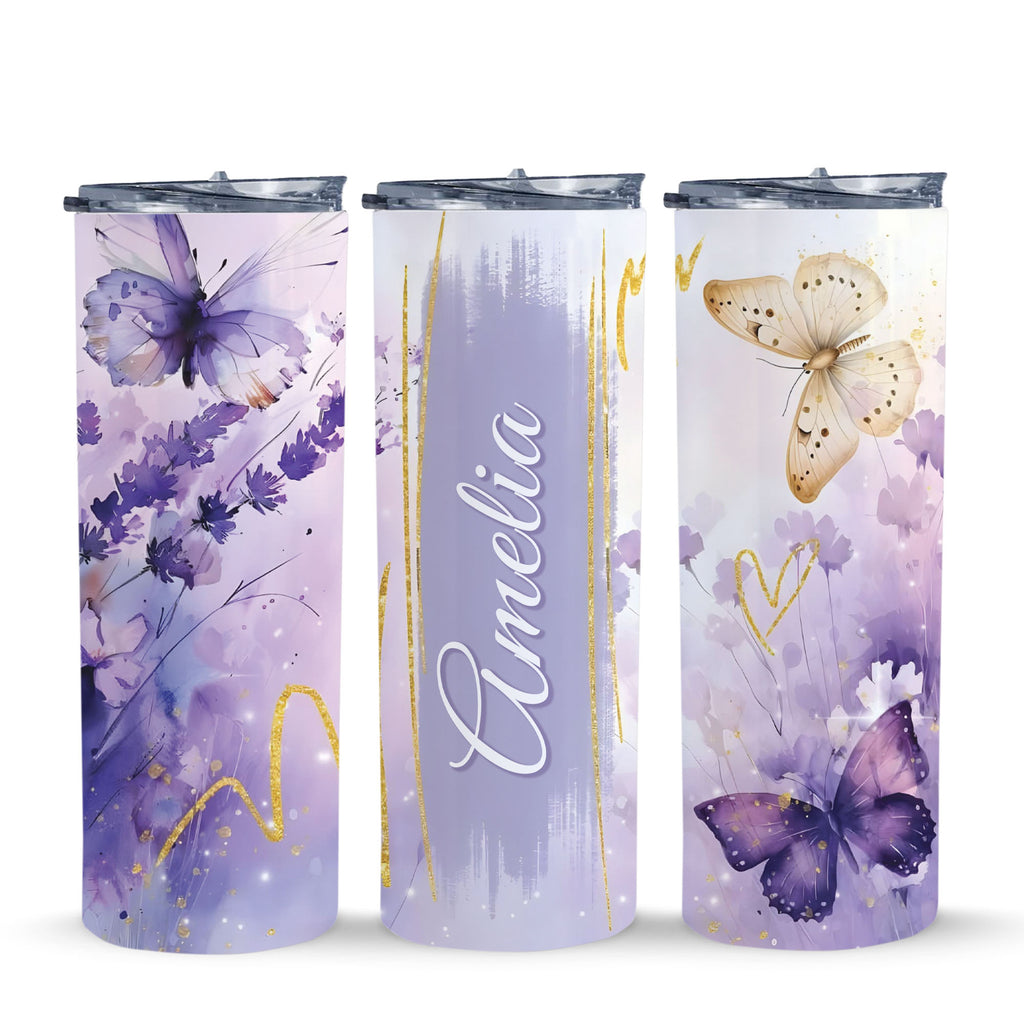 Personalized Floral & Butterfly Tumbler – Custom Name 20oz Skinny Cup