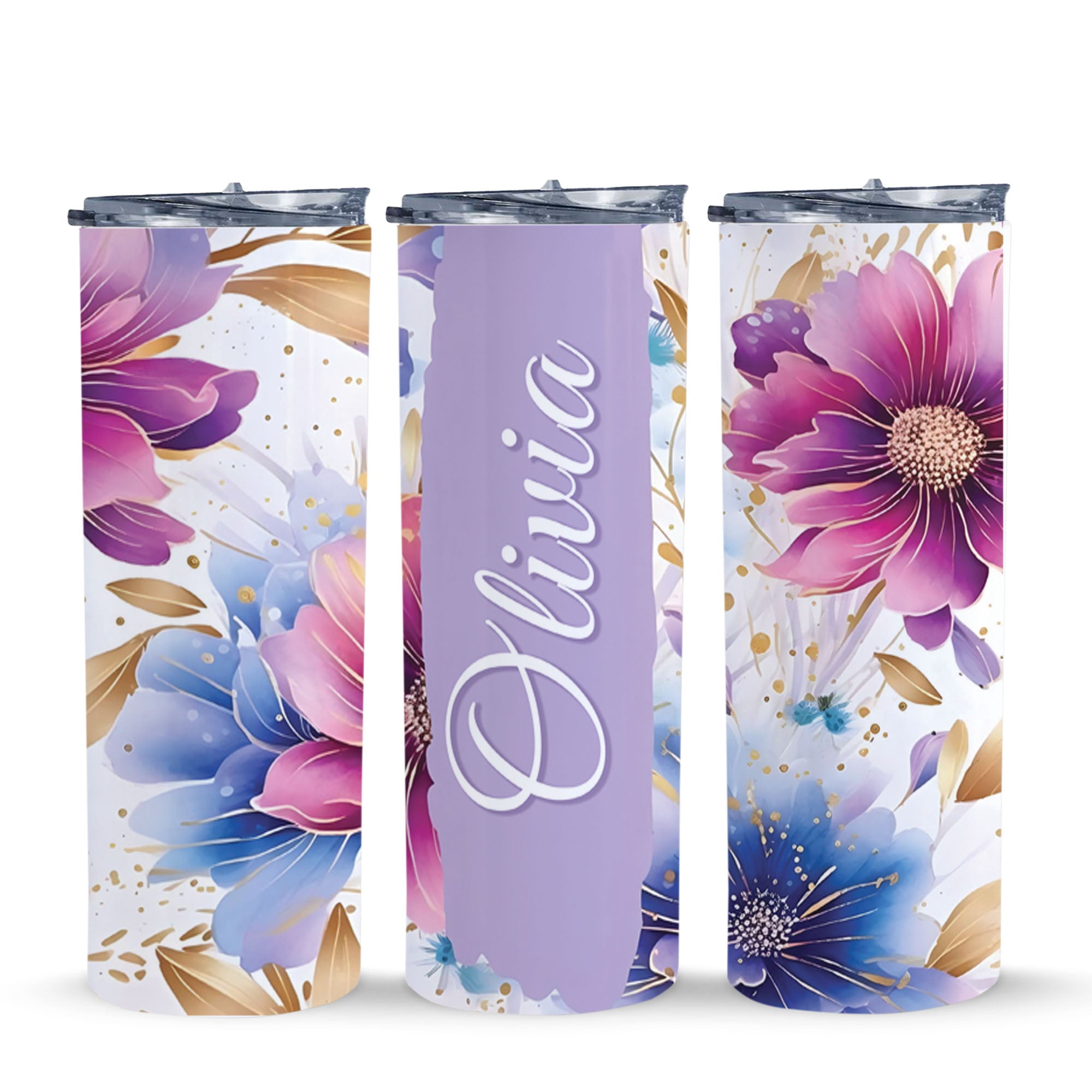 Personalized Floral & Butterfly Tumbler – Custom Name 20oz Skinny Cup