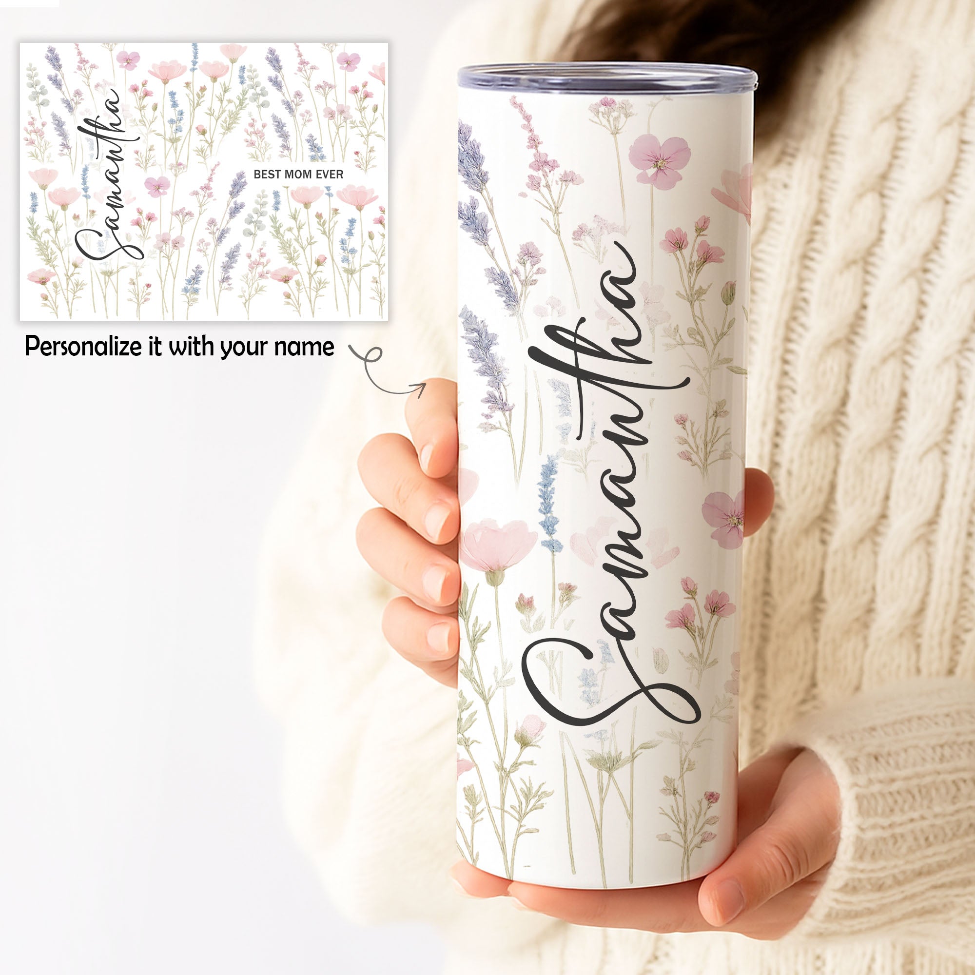 Personalized Floral Name Mug & Tumbler for Mom – Custom Best Mom Ever Gift 11oz 15oz 20oz