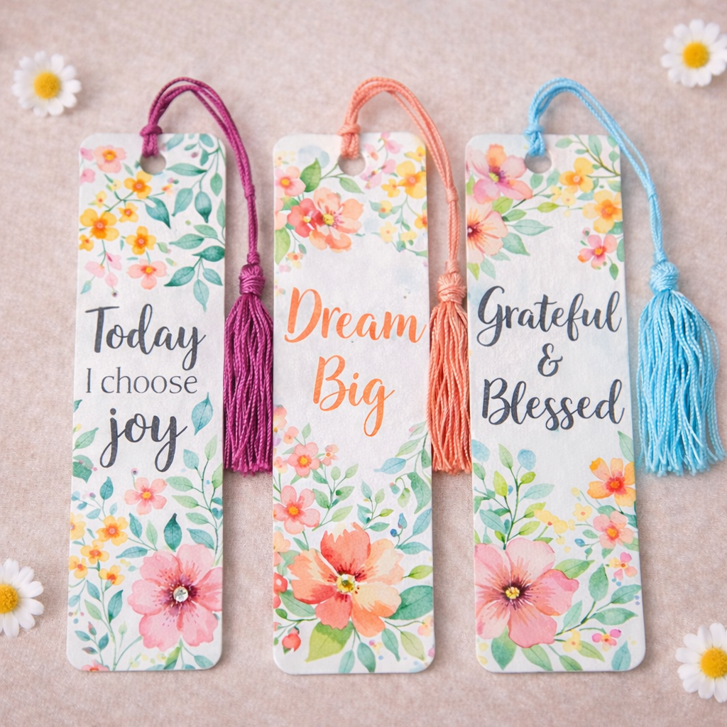 Three floral bookmarks with tassels on a beige background