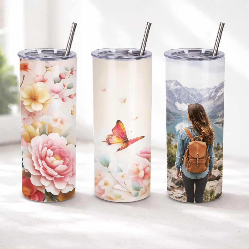 20oz personalized skinny tumbler design options including photo, name and inspirational quote styles