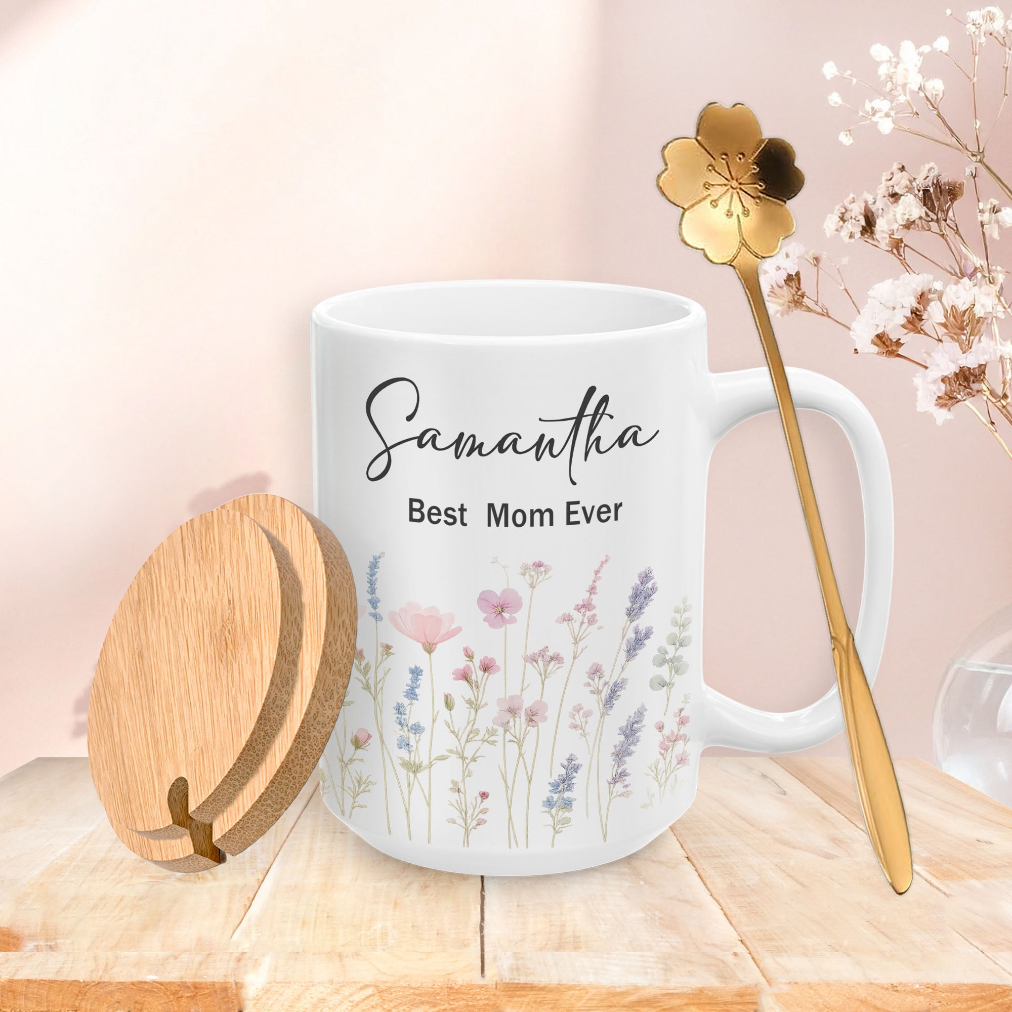 Custom name floral mug best mom ever design personalized gift with soft pastel flowers