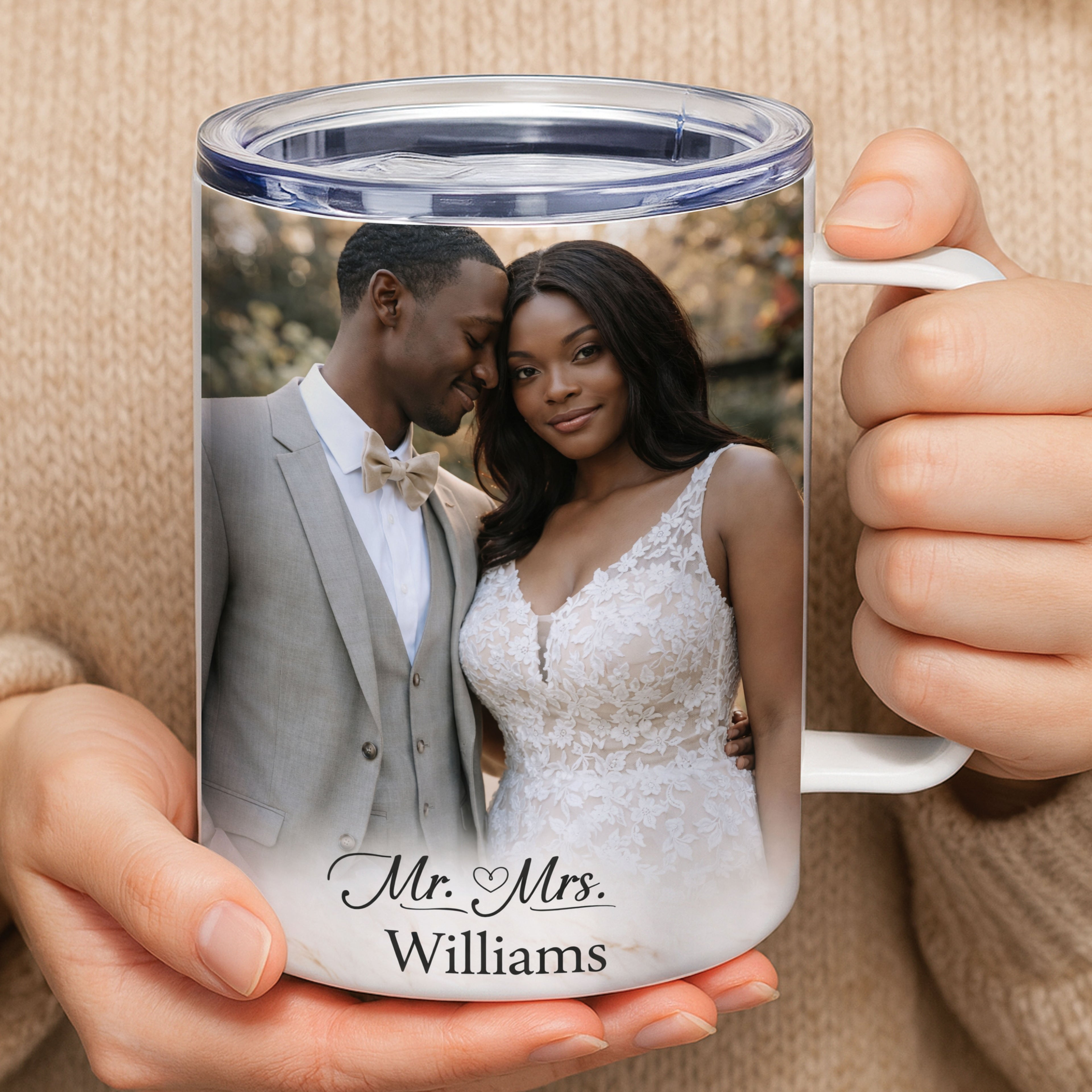 Custom photo insulated coffee mug 12oz stainless steel wedding gift Mr and Mrs design
